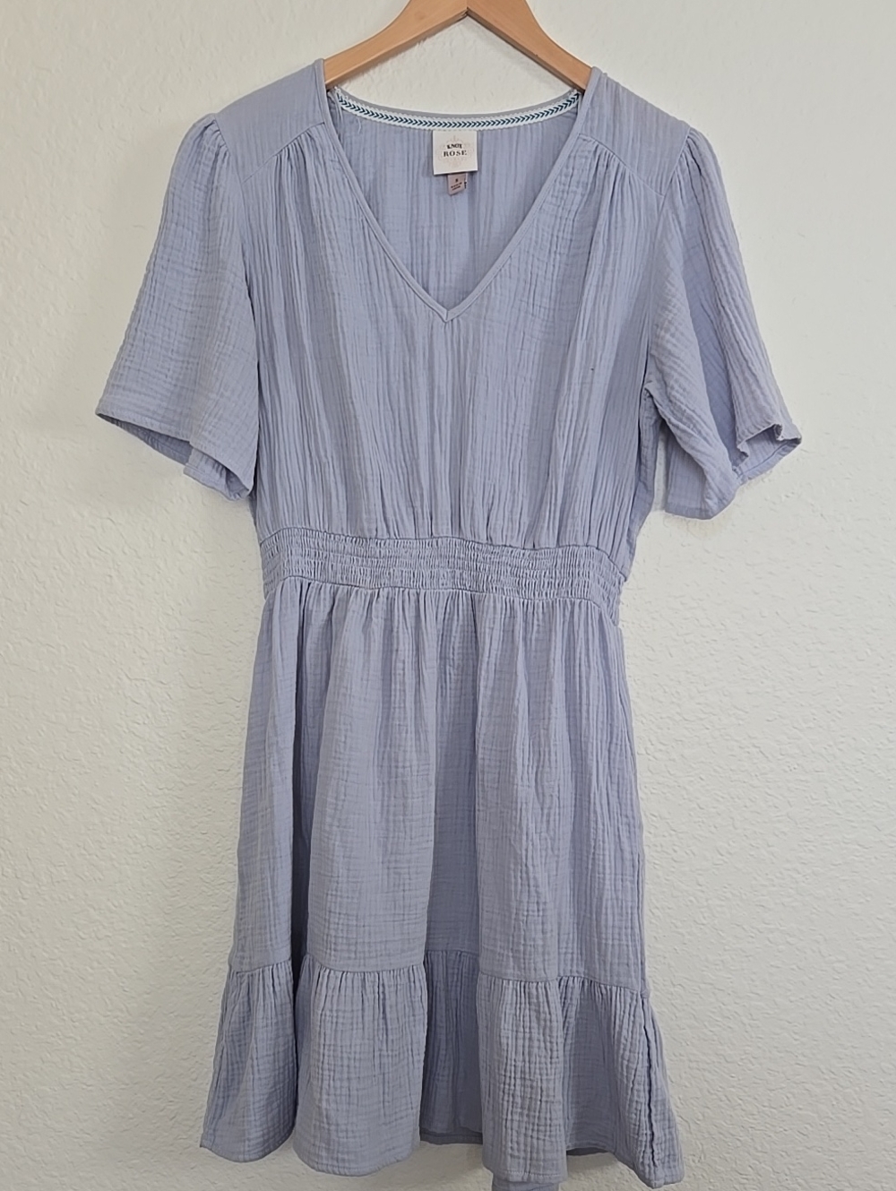 KNOX ROSE Summer Gauze Cottagecore Pocketed Light Blue V-Neck Smocked Mini Dress